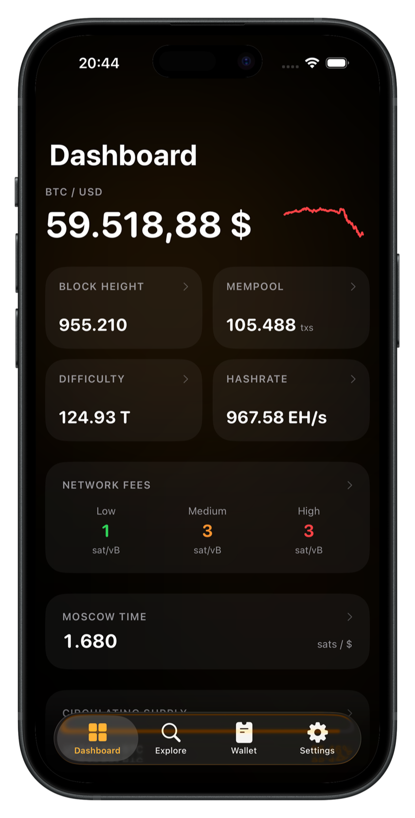 Bitcoin Insight dashboard showing the live BTC price with a 24h sparkline, block height, mempool, fees, hashrate and Moscow time