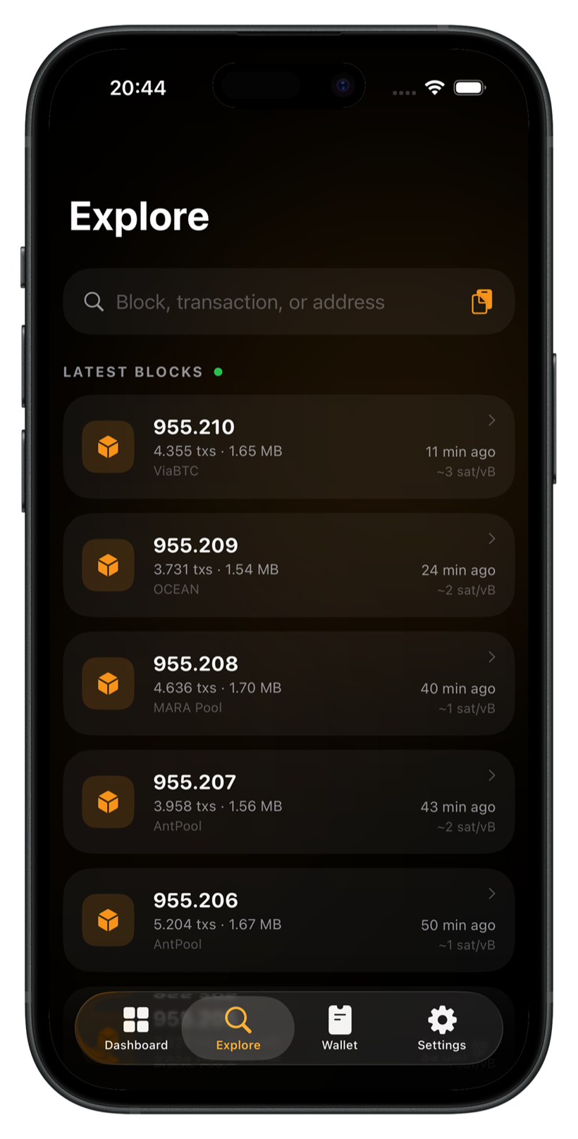 Bitcoin Insight Explore tab: search any block, transaction or address, with a live latest-blocks feed