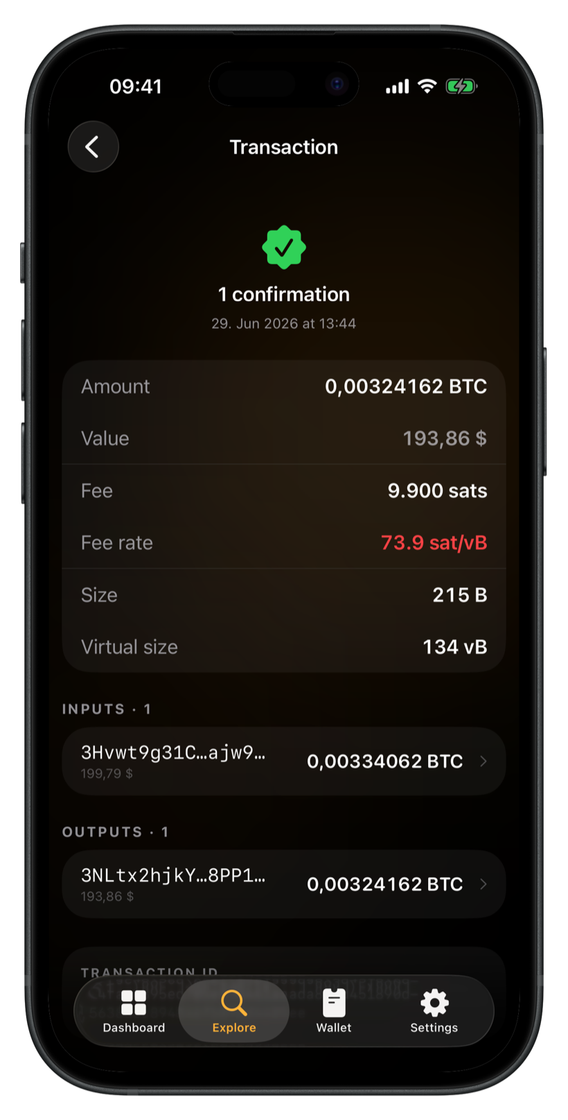 Transaction detail with inputs, outputs, fee rate and confirmations