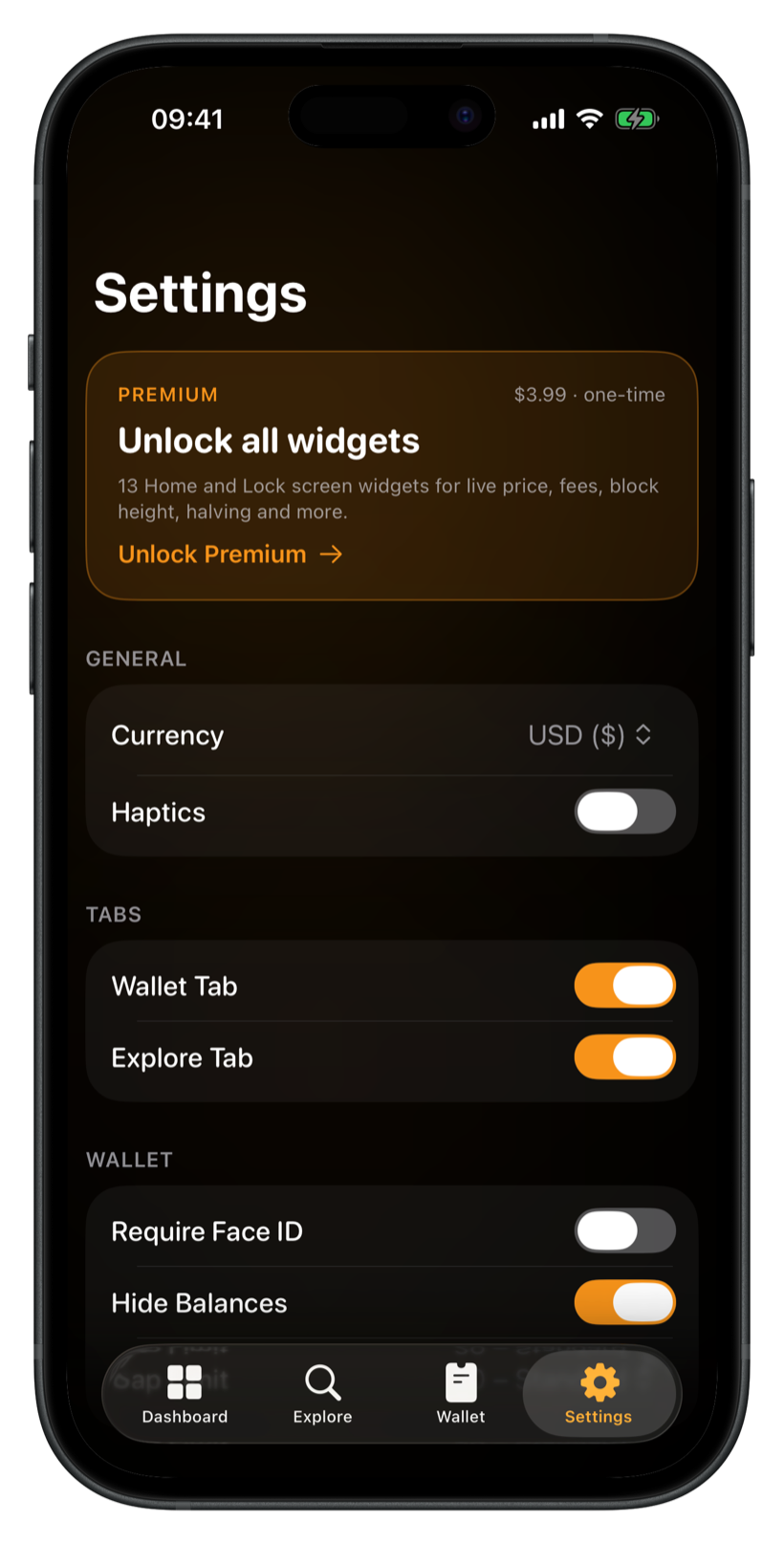 Settings: Face ID, hide balances and gap limit