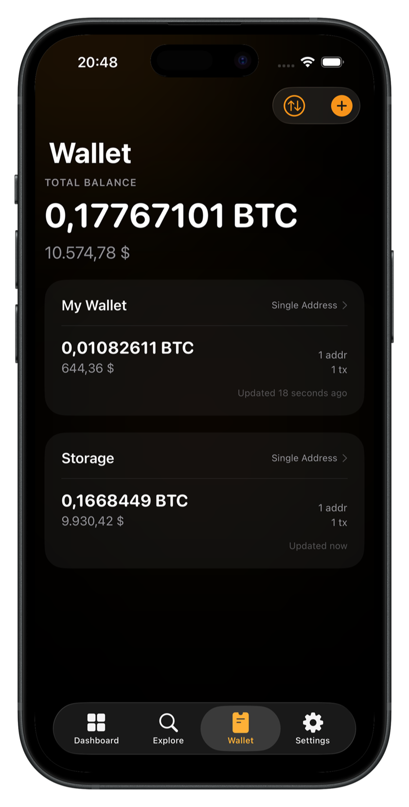 Bitcoin Insight watch-only wallet overview with the combined total balance across multiple wallets